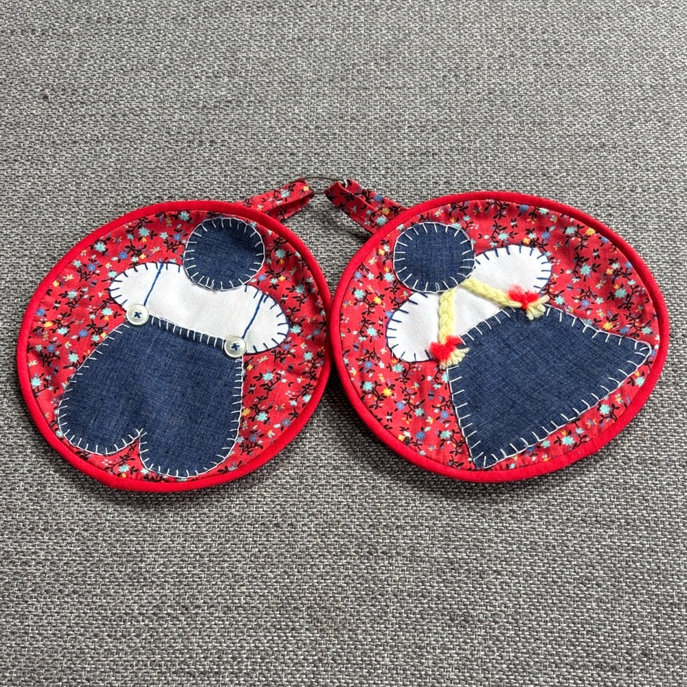 Vintage handmade boy and girl  Pot Holders with Denim Appliqué